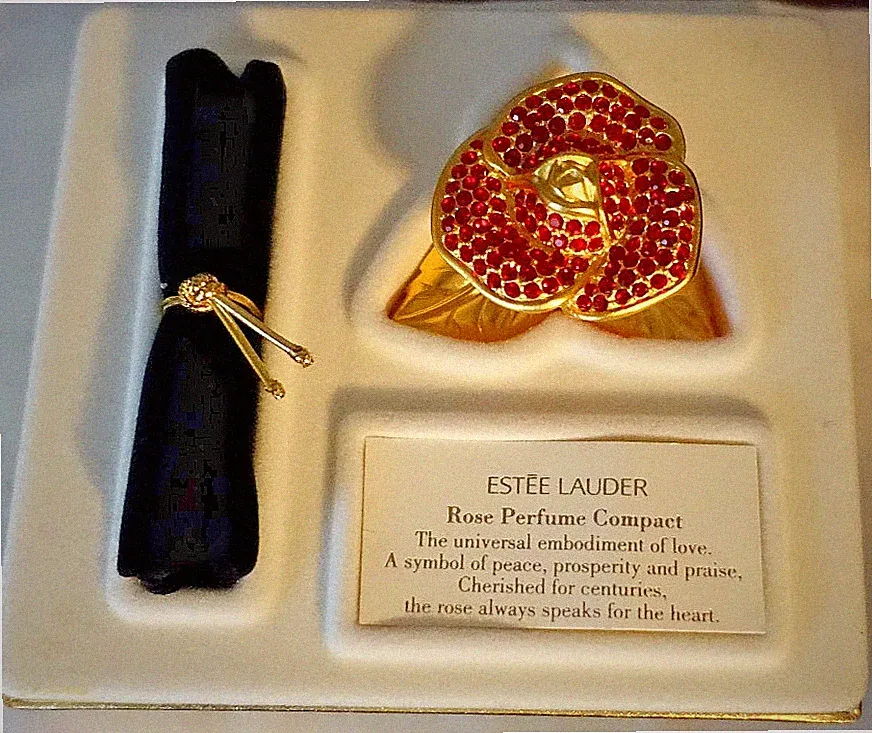 Full Estee Lauder Beautiful RED ROSE Solid Perfume Compact 1998, Box Pouch